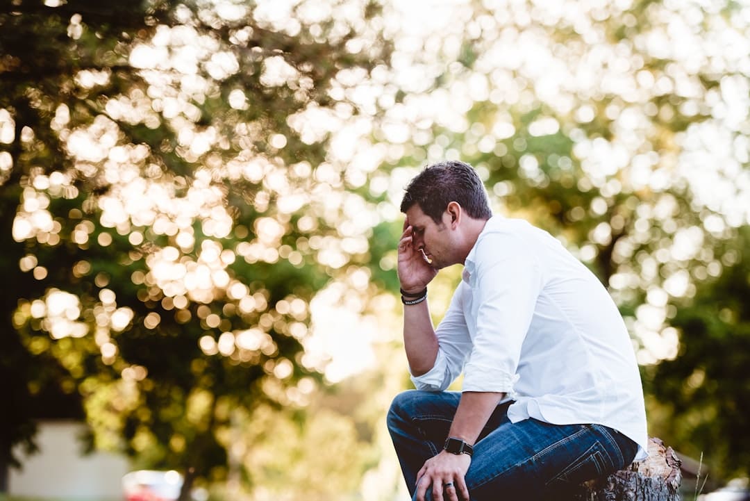 PTSD service dog. Man on thinking pose