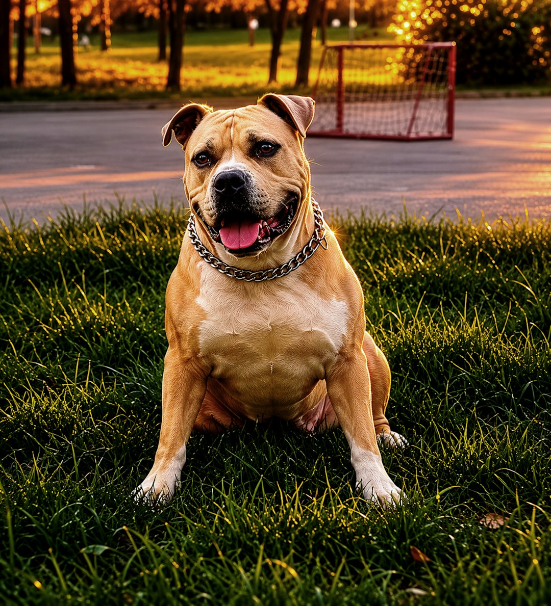 mental enrichment for support animals — A happy brown dog sits in green grass at sunset.